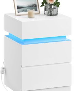 VASAGLE Kailyn Collection - Table de Chevet, avec Bande LED Multicolore Réglable, 3 Tiroirs, Table d’Appoint de Style Moderne, 35 x 40 x 55 cm, Blanc Nuage LET630T10