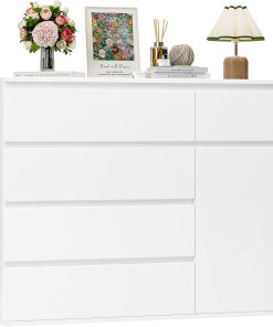 FOREHILL Commode Chambre Adulte Commode 5 Tiroirs et 1 Porte Commode Blanche Chiffonnier Rangement pour Salon Couloir Armoire à Tiroirs 100x40x80cm