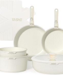 YASHE Batterie de Cuisine 13Pcs, Batterie Cuisine avec Couvercle Empilable, Lot Casserole et Poele Induction, Poignée Amovible, Passe au Four, Revêtement Antiadhésif, Crème, Blanc