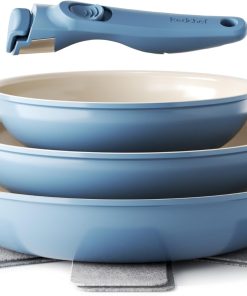 Redchef Lot de poêles et poêles en céramique avec poignée amovible et anti-adhésives 20/24/28 cm pour le camping, sans PTFE, sans PFOA, peu encombrantes, passent au lave-vaisselle (bleu)