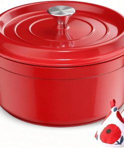 YASHE Cocotte en fonte émaillée 5L avec couvercle, Faitout rond antiadhésif pour soupes, ragoûts, pain et cuisson au four, Rouge