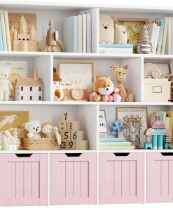FOREHILL Meuble de Rangement Enfant Bibliothèque Enfant avec 8 Étagères 4 Tiroirs Roulants Rangement Jouet pour Chambre d’Enfant Salle de Jeu 125.5x33x118cm Rose