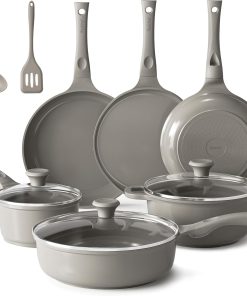 Redchef Lot de 11 casseroles à induction en céramique avec couvercle en verre, sans PTFE, sans PFAS, convient à tous les types de feux, passe au lave-vaisselle (Gris)