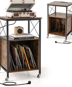KOMFOTTEU Meuble Platine Vinyle avec Station de Charge, Support de Tourne-Disque avec Séparateurs Amovibles, Meuble Tourne-Disque, Cadre en Métal, 50 x 45 x 82 cm, Style Industriel