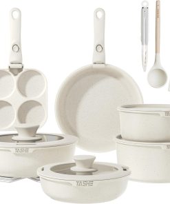 YASHE Batterie de cuisine 20 pièces, Revêtement antiadhésif, poignées amovibles, induction et four jusqu'à 230 °C, lave-vaisselle, empilable, blanc – Idéale pour les familles