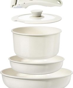 GiPP Set de Casseroles et Poêles en Céramique Antiadhésif - 5 Pièces avec Poignées Détachables, Sans Produits Toxiques, Compatible Induction, Four et Lave-vaisselle(Blanc 5PCS)