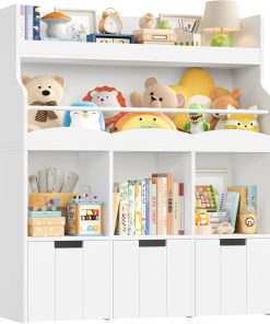 HOCSOK Meuble Rangement, Enfant Rangement Jouet Enfant avec Étagères 3 Tiroirs Roulants Bibliothèque pour Chambre d’Enfant, Blanc, 110x100x30cm