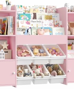 FOREHILL Meuble Rangement Enfant Bibliothèque Enfant avec 6 Boîtes Amovibles 12 Étagères Rangement Jouet Enfant pour Chambre d’Enfant Salle de Jeu Rose