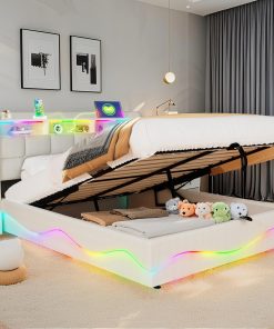 Lit de Rangement Multifonction (160x200 cm, Blanc) avec Station de Chargement USB/Type-C, Lumières LED, Étagère de Tête de Lit et Lattes en Bois, Cuir
