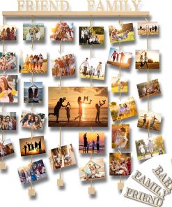 Uping Cadre Photo Pele Mele Mural Porte Photo Mural en Bois Cadre Multi Photo Decoration Maison avec Photo Pince et 4 Lettres en Bois- Family Friend Love Baby
