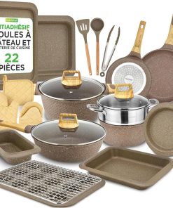 NutriChef Batterie de Cuisine 22 Pièces Marbre Marron – Casseroles et Poêles Antiadhésives, Compatible Induction, Ustensiles Résistants à la Chaleur – Collection Pro